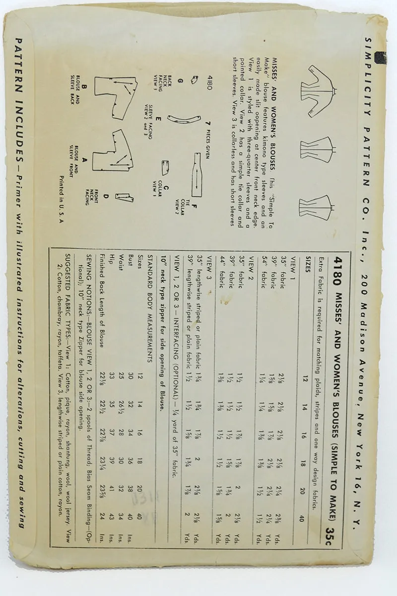 1952 Simplicity 4180 Vintage Blouse Sewing Pattern
