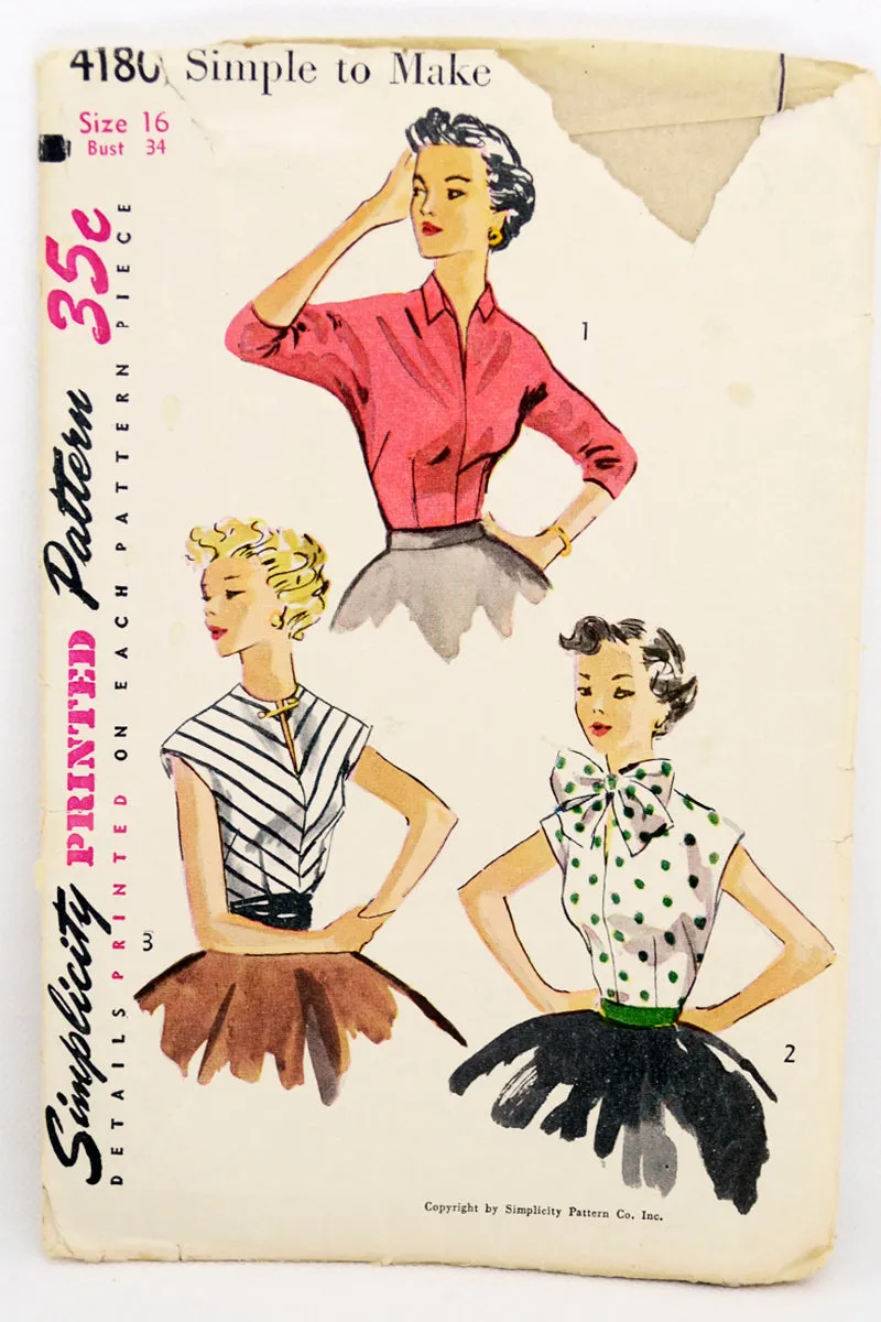 1952 Simplicity 4180 Vintage Blouse Sewing Pattern