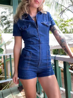 1970s Happy Legs denim shorts romper jumpsuit