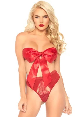 2 Pc Satin Ribbon Gift Bandeau With Hook-N-Eye Back and Matching G-String - Red - Small