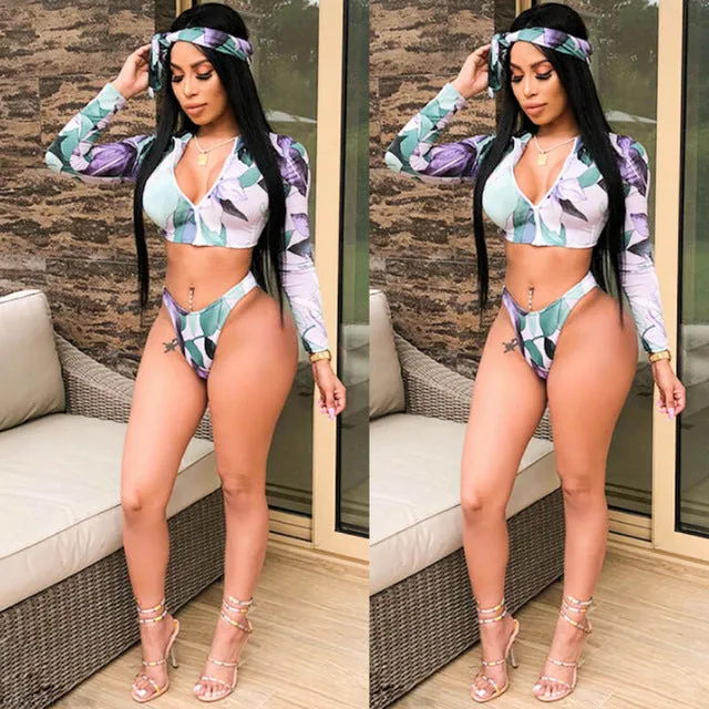 3 Pieces Bandage Floral Bikini Set Women's Swimwear Swimsuit Bathing Suit Beach Sexy Long Sleeves Zipper Tankinis Bikini Summer