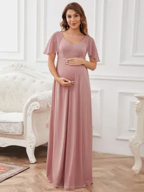 A-Line Chiffon Flutter Sleeve Applique Floor-Length Maternity Dress