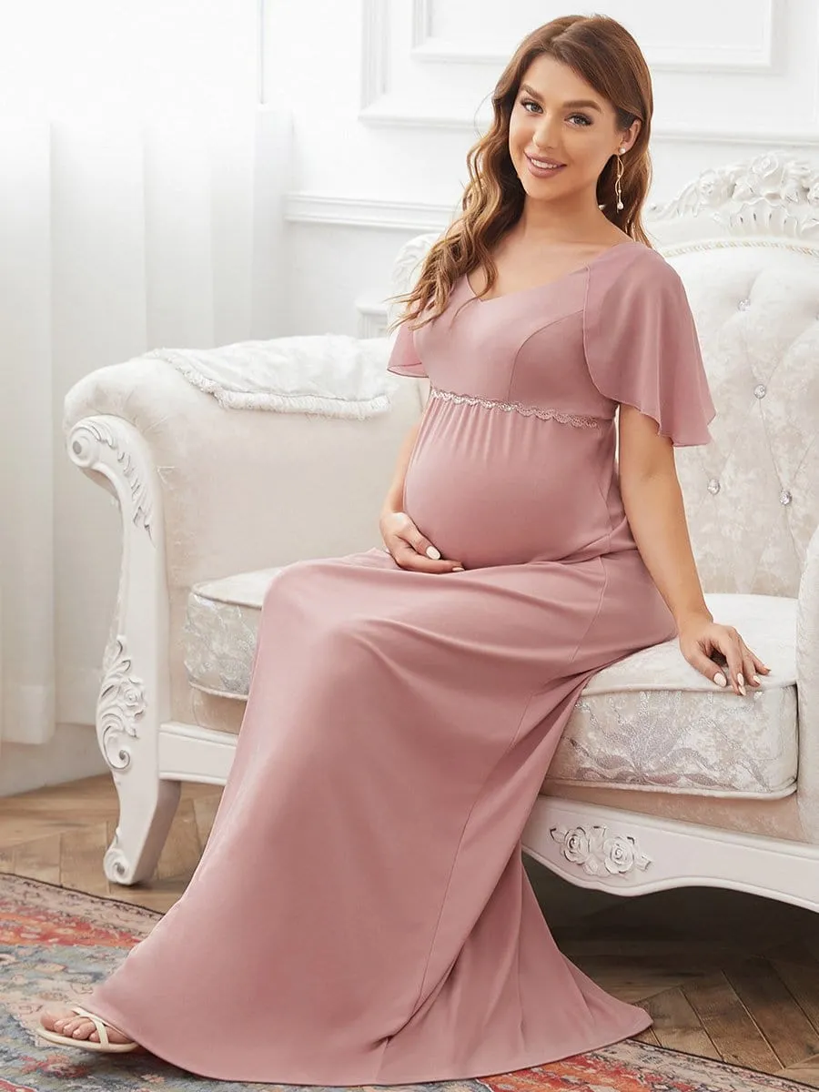 A-Line Chiffon Flutter Sleeve Applique Floor-Length Maternity Dress