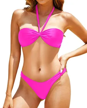 Adjustable Self-tie Halter Neck Swimwear High-cut Two Piece Swimsuits