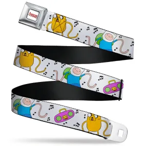 ADVENTURE TIME Title Logo Full Color White Seatbelt Belt - Adventure Time Finn and Jake Long Arms Dancing Pose White Webbing