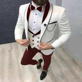 Aidase Men Suit Fashion Formal Business Slim Fit 3 Pieces White Blazers Burgundy Pants Men's  Wedding Male Set Groom Suit