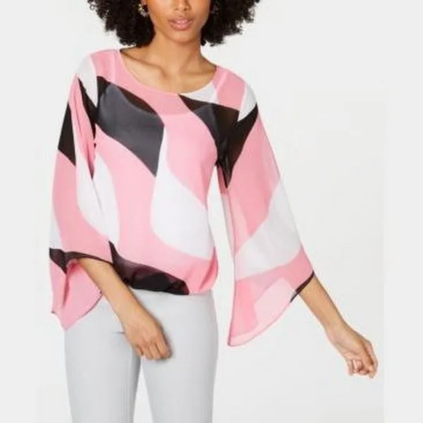 Alfani Petite Printed Bubble Top- Pink Twirl Block, Size XS