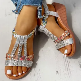 Amozae 2023 New Gladiator Wedge Heels Elastic Band Crystals Summer Women Shoes Woman Sandals Leisure Beach Sandals Large Size 35-43