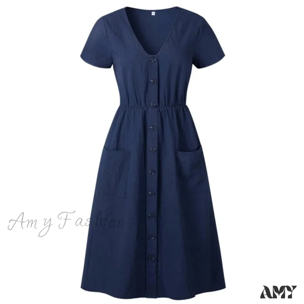 Amy Fashion - Casual V-neck Sleeve A-line Midi Dresses