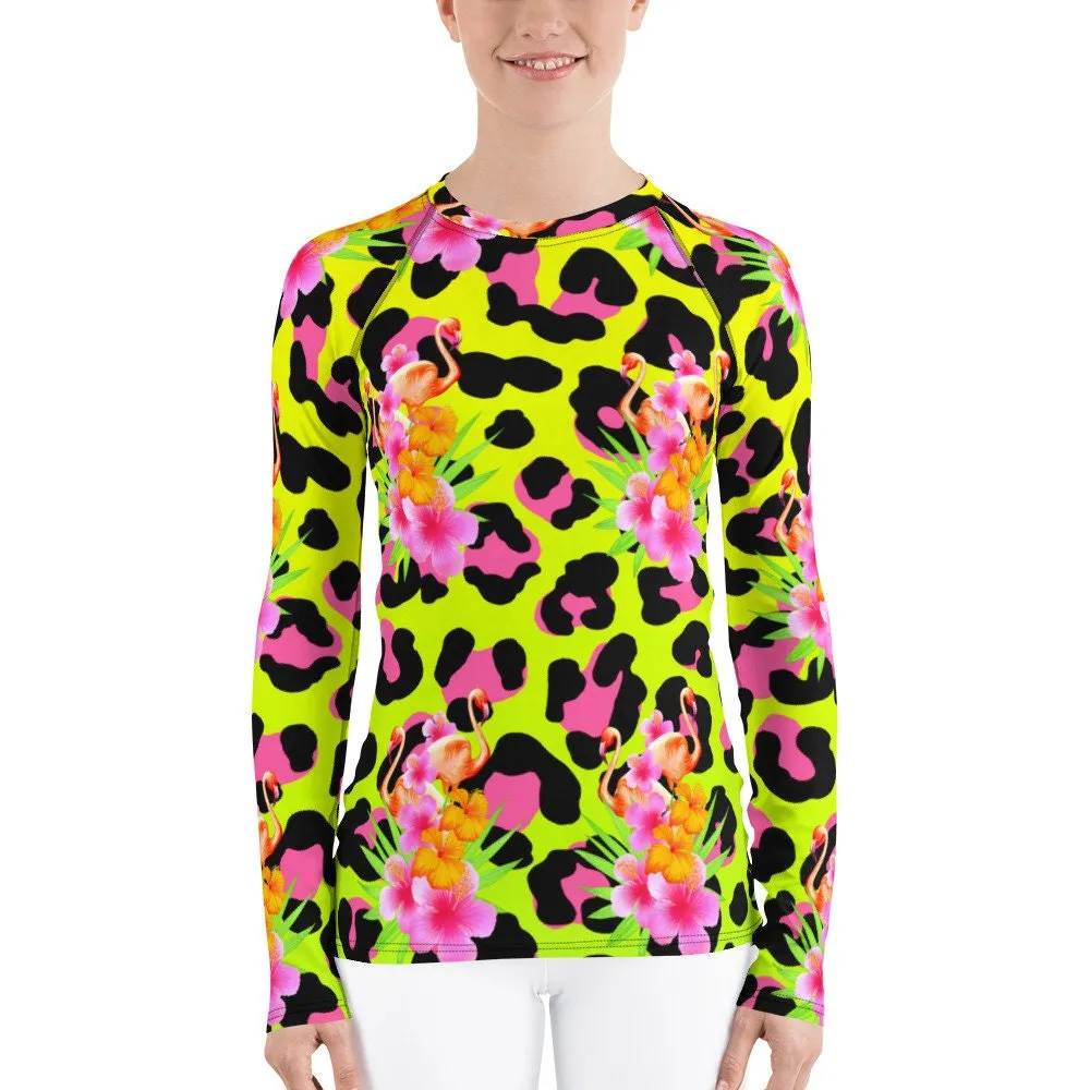 Animal Print Tropical Flamingos Women's Rash Guard