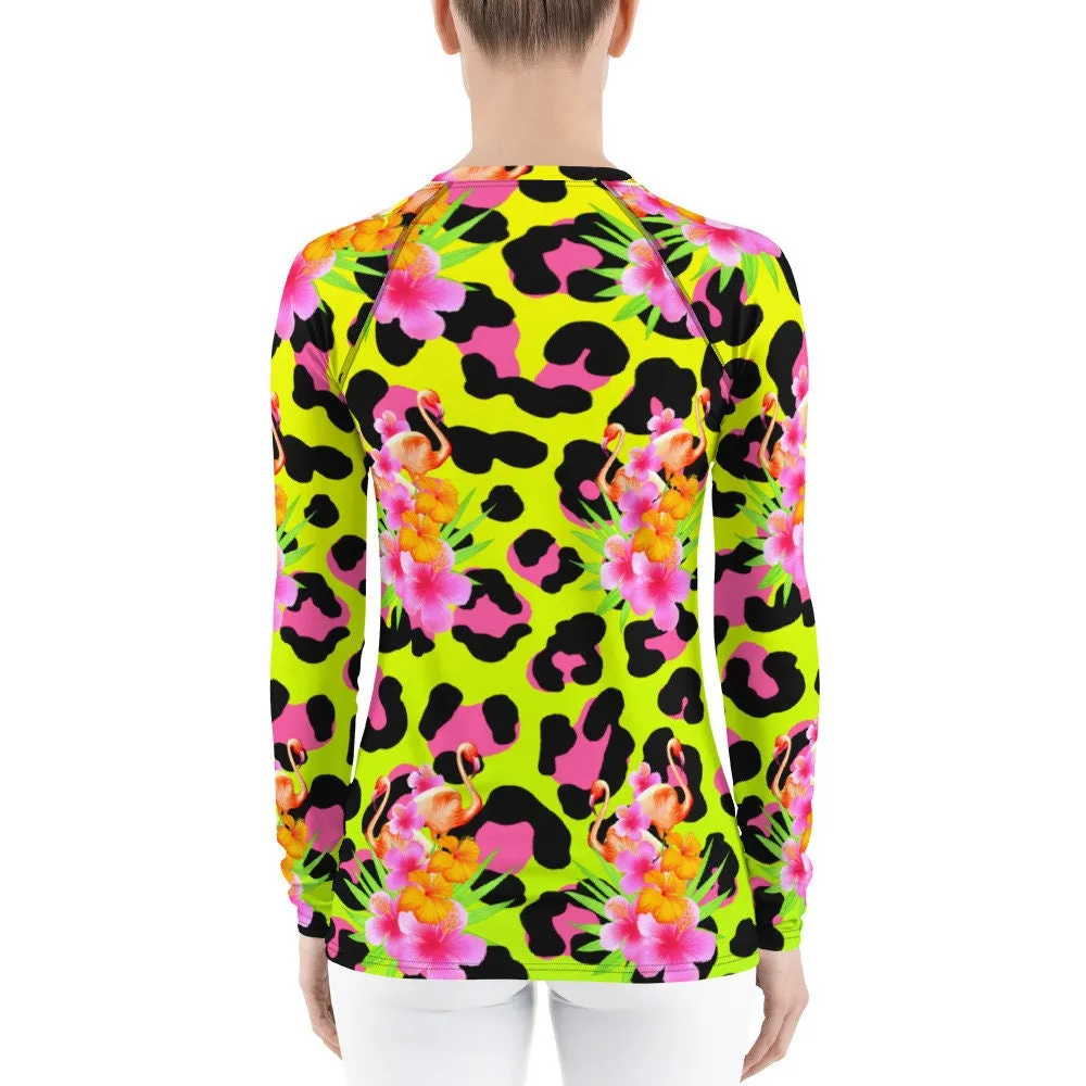 Animal Print Tropical Flamingos Women's Rash Guard