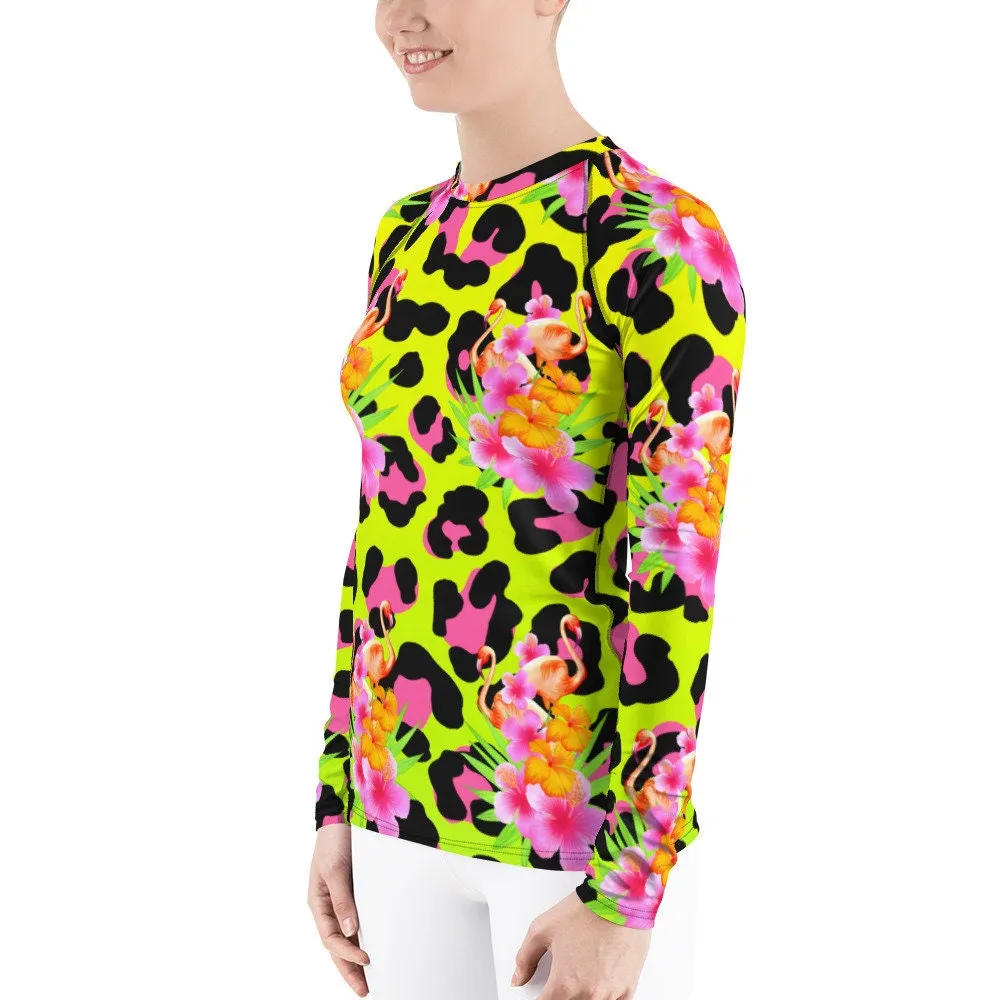 Animal Print Tropical Flamingos Women's Rash Guard