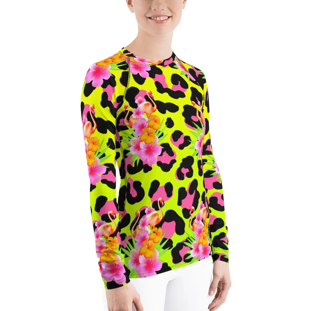 Animal Print Tropical Flamingos Women's Rash Guard