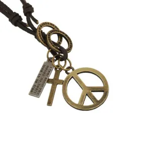 Antique Vintage Cross Dog Tag Hollow Peace Symbol Pendant Necklace Men, Long Brown Leather Necklace Cord Men Jewelry Accessories