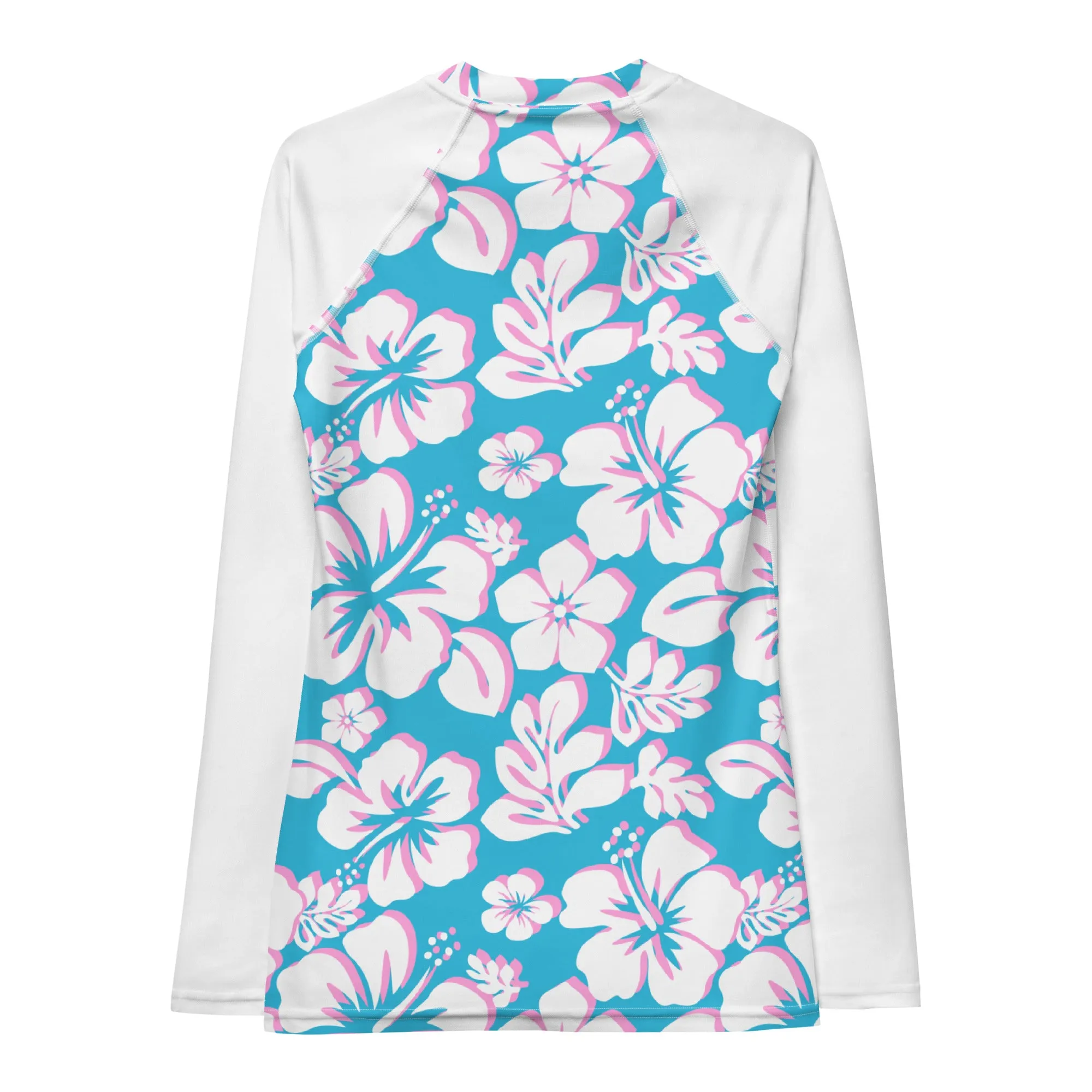 Aqua Blue, White and Pink Hawaiian Print Women's Rash Guard with White Sleeves