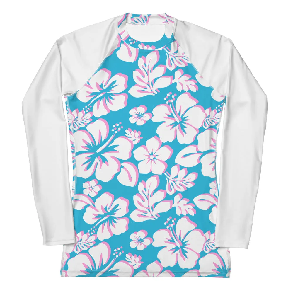 Aqua Blue, White and Pink Hawaiian Print Women's Rash Guard with White Sleeves