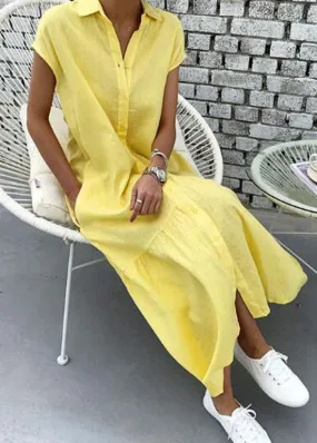 Art Yellow Peter Pan Collar Wrinkled Patchwork Cotton Shift Dress Summer LY2085