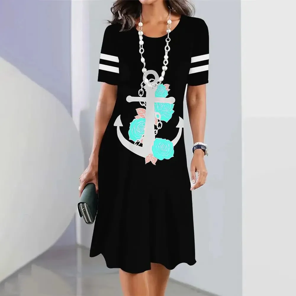 Ashore Shop 3d Anchor Printed Short Sleeve Skirt Summer  Dress