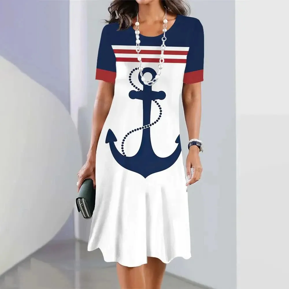 Ashore Shop 3d Anchor Printed Short Sleeve Skirt Summer  Dress