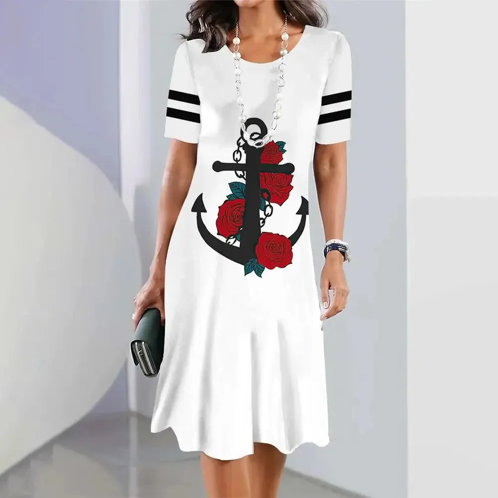 Ashore Shop 3d Anchor Printed Short Sleeve Skirt Summer  Dress