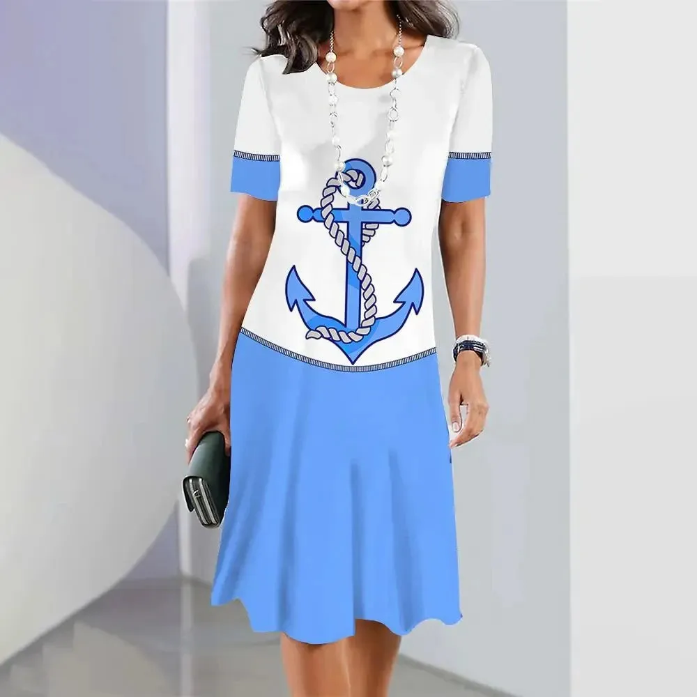 Ashore Shop 3d Anchor Printed Short Sleeve Skirt Summer  Dress