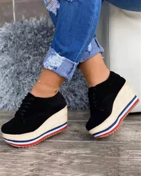 Ashore Shop Fashion Vulcanize Shoes 2023 Women Ladies Solid Colors Wedge Thick Casual Shoes Round Toe Lace-Up Comfortable Platform Sneakers