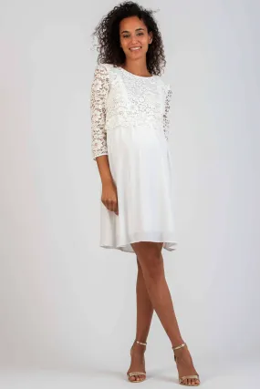 Ava Lace & Chiffon Maternity Nursing Dress In Pearl