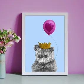 Baby bear with balloon personalised children's art print