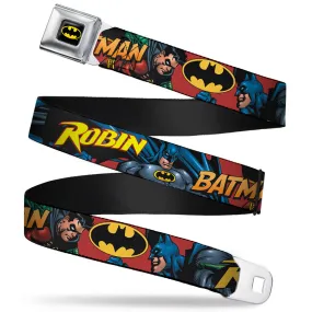 Batman Full Color Black Yellow Seatbelt Belt - Batman & Robin in Action w/Text Burgundy Webbing