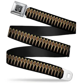 BD Wings Logo CLOSE-UP Black/Silver Seatbelt Belt - Printed Bullets Pattern Webbing