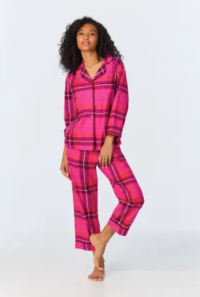 BedHead x Trina Turk Aurora Plaid 3/4 Sleeve Classic Woven Portuguese Flannel Cropped PJ Set