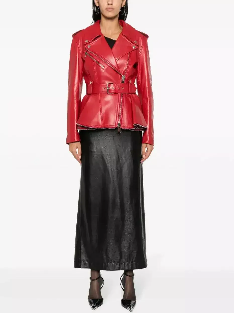 Belted Red Peplum Leather Biker Jacket