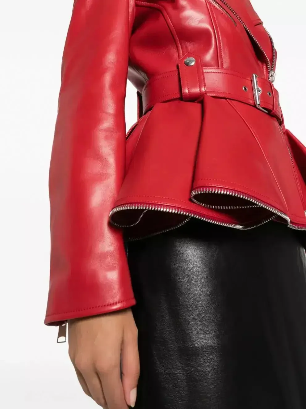 Belted Red Peplum Leather Biker Jacket