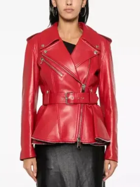 Belted Red Peplum Leather Biker Jacket