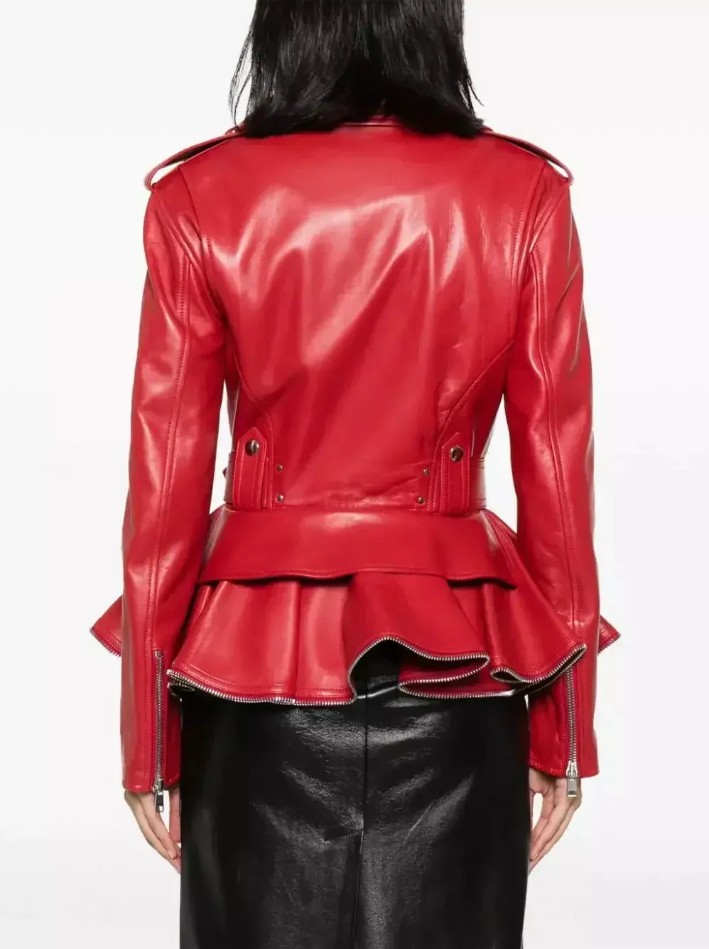 Belted Red Peplum Leather Biker Jacket