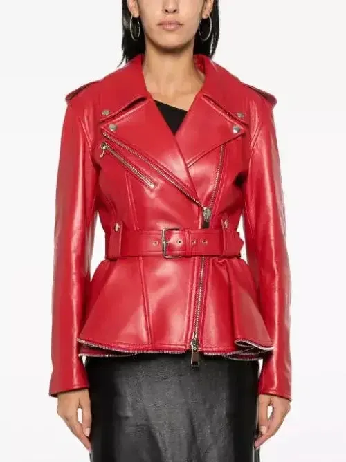 Belted Red Peplum Leather Biker Jacket