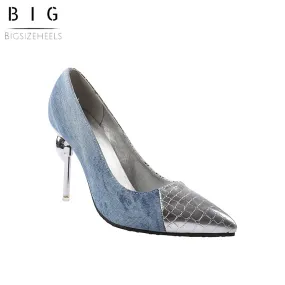 Bigsizeheels Sexy Stiletto Heel Pointed Toe Buckle Color Block Thin Shoes -Blue/Silver