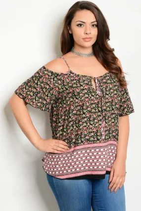 Black and Pink Floral Exposed Shoulder Plus Size Top