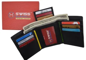 Black Mens Leather RFID Trifold Card ID Wallet W/ Removable Card Holder & Gift Box