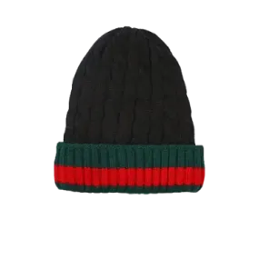 Black Men's Winter knitted hat with green and red Striped Wool Beanie