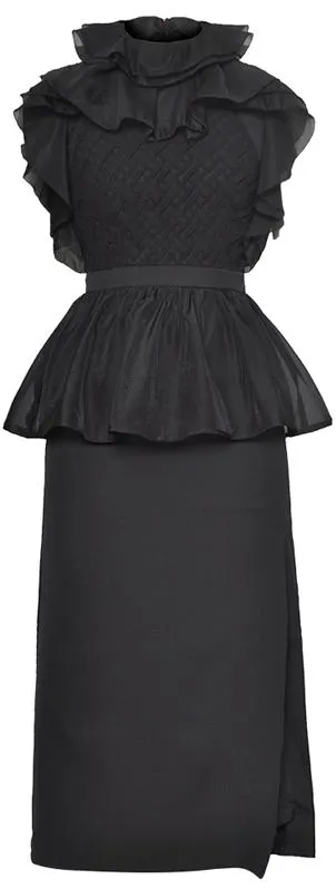 Black Ruffled Peplum Midi Dress