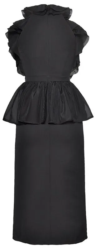 Black Ruffled Peplum Midi Dress