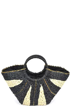 Black Two Tone Straw Tote Bag