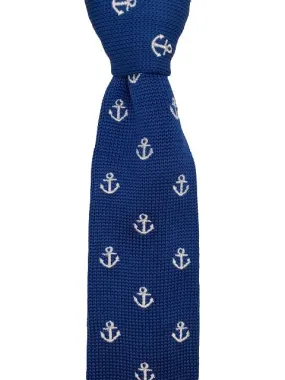 Blue Knit Tie with White Anchors