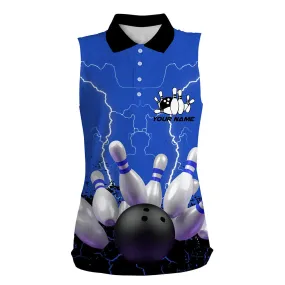 Blue Lightning Women Bowling Sleeveless Polo Shirts, Personalized Team Bowling Female Bowling Uniform