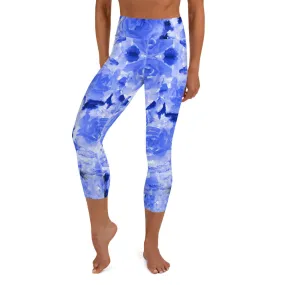 Blue Rose Yoga Capri Leggings, Blue Rose Best Floral Print Women's Best Capris Tights-Made in USA/EU/MX