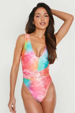 Boohoo tie dye plunge ring swimsuit, pink