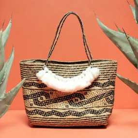 Borneo Medio Straw Tote Bag - Hand Bag with White Roman Tassels