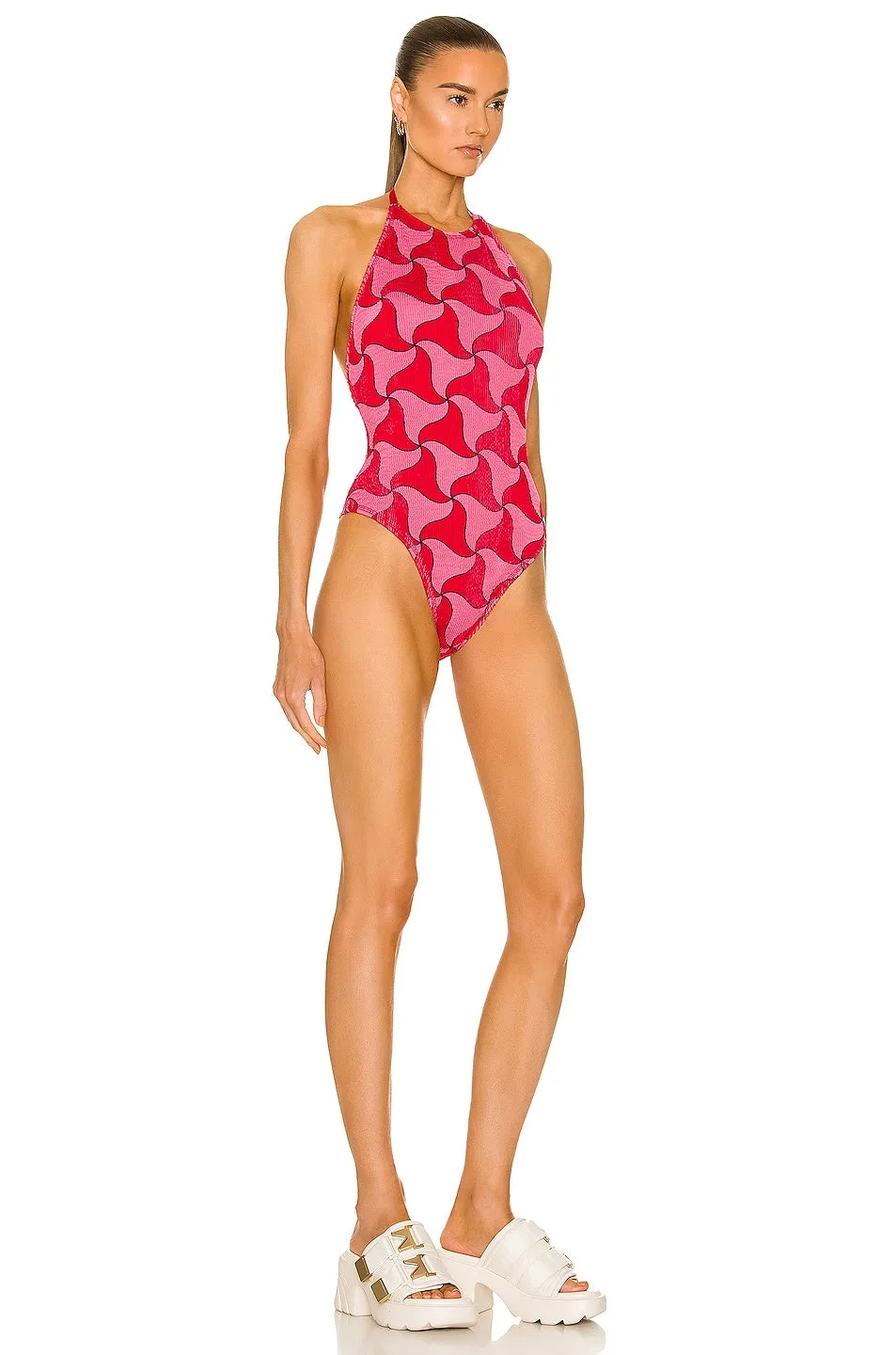 Bottega Veneta Wavy Triangle Crinkle Swimsuit, Pink & Scarlet