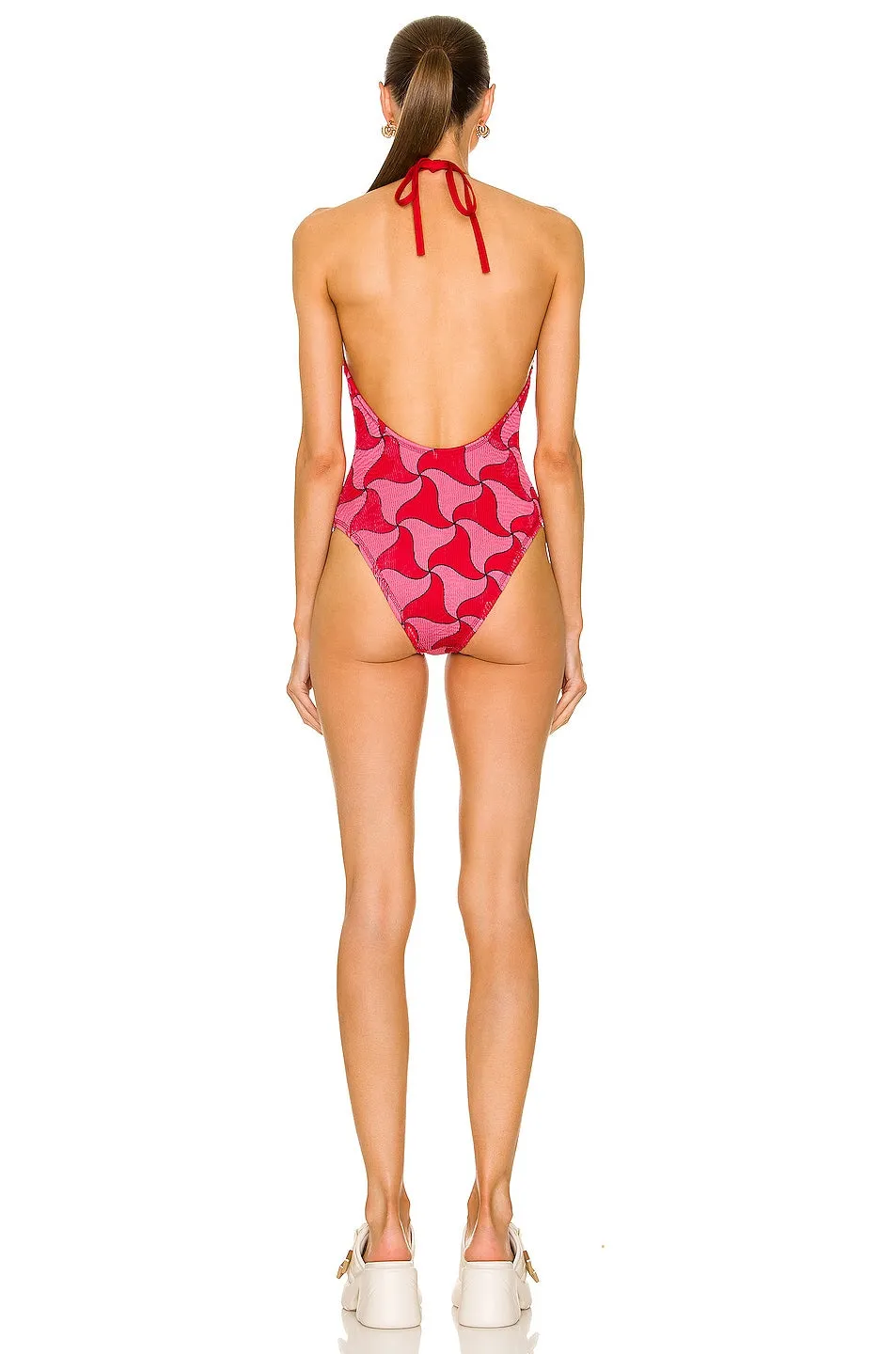 Bottega Veneta Wavy Triangle Crinkle Swimsuit, Pink & Scarlet